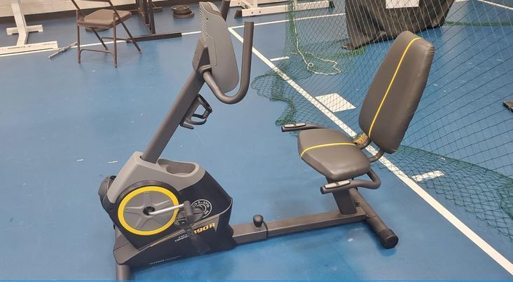 An exercise bike is seen