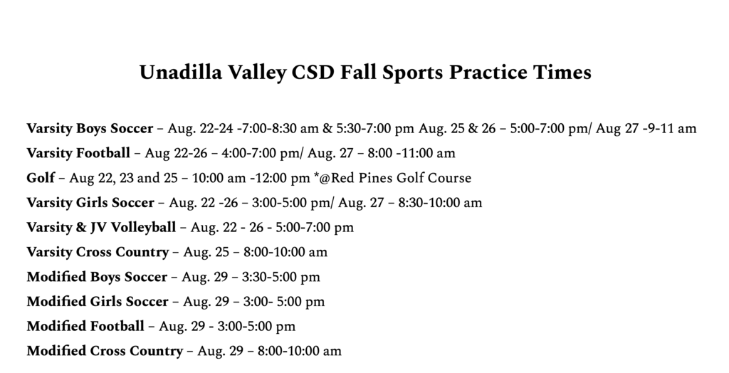 Fall Sports Practice Times